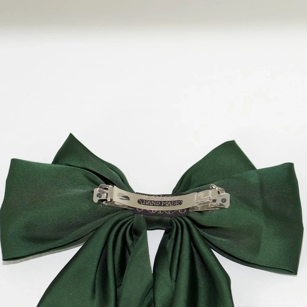 Elegant Dark‎ Green Satin Bow Barrette Hair Accessory